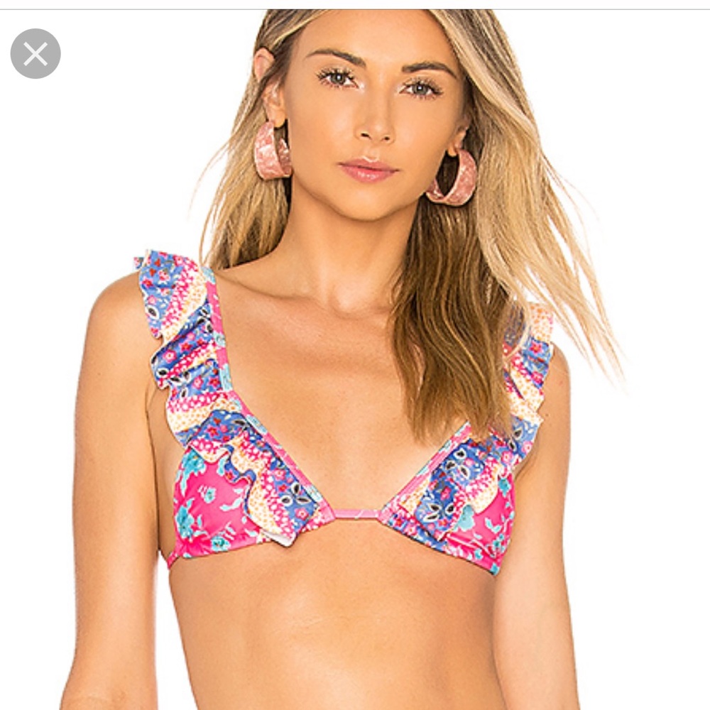 Lovers + Friends Pink Multicolor Ruffle Bikini Top